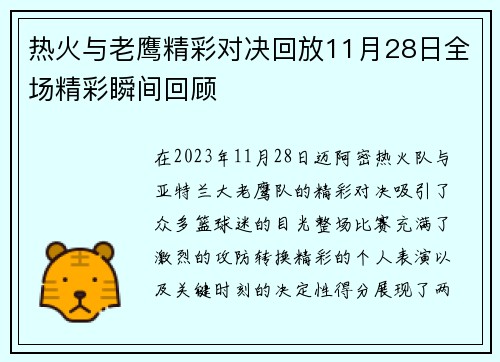 热火与老鹰精彩对决回放11月28日全场精彩瞬间回顾